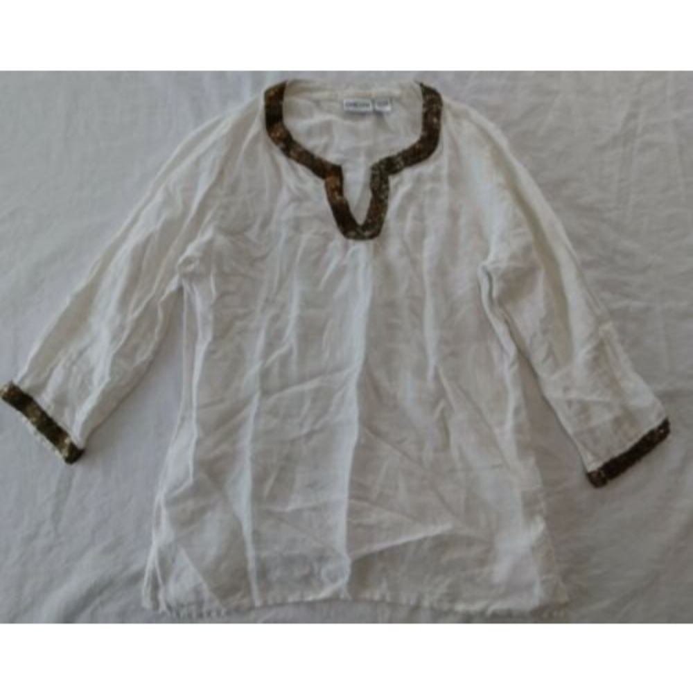 Chico's White Tunic Blouse Linen Sequins Women's Size 1